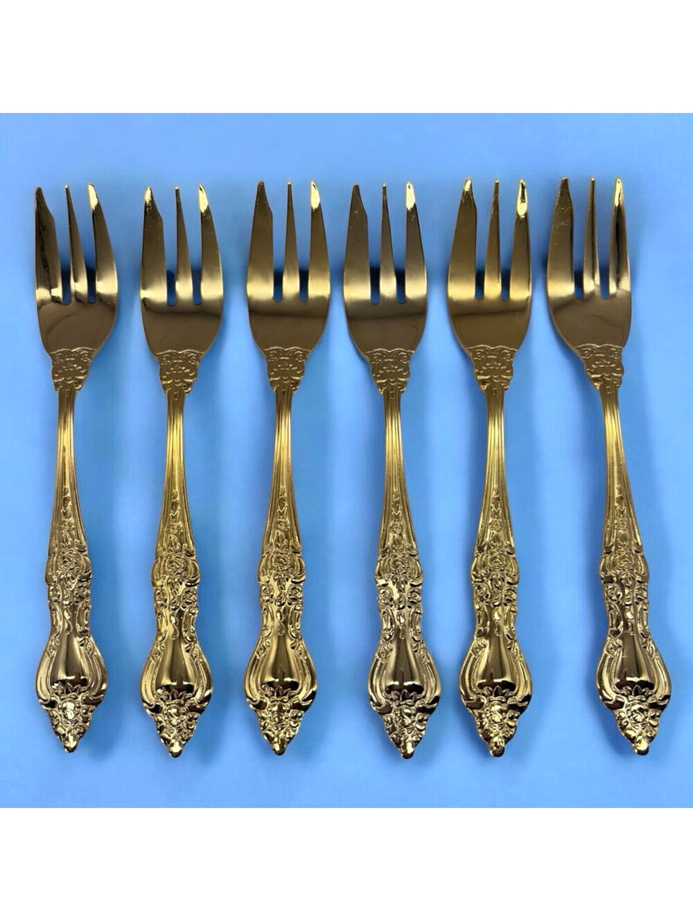 Royal Sealy Gold Plated Dessert Forks Set of 6 RLF1 6" Japan Ornate Vintage